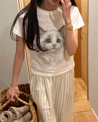Cat print short-sleeved T-shirt