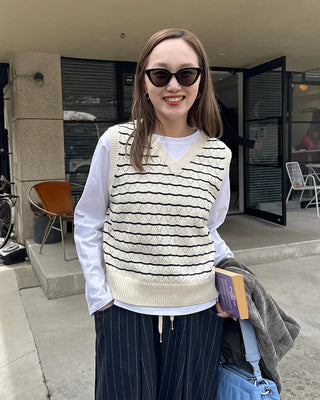 Openwork striped V-neck vest