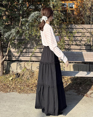 Lace tiered flared long skirt