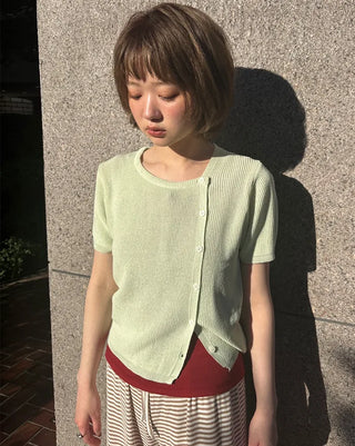 Asymmetrical Button Short Sleeve Knit