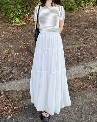 Striped short-sleeved off-shoulder T-shirt