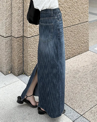 Washed denim long skirt