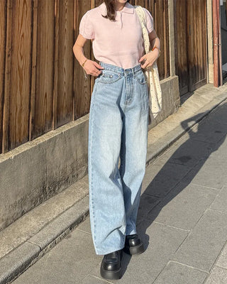 Color Button Point Short-Sleeve Knit