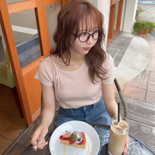 Asymmetrical Ribbon Short-Sleeve Knit