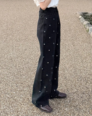 Heart-patterned denim pants