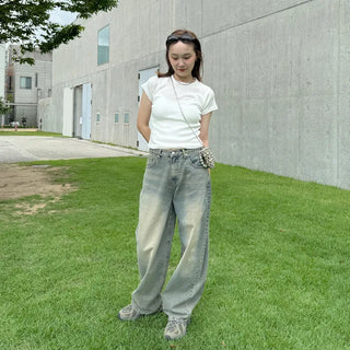 Gray wash denim wide pants