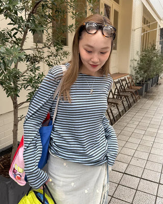 Boat neck striped long-sleeved T-shirt