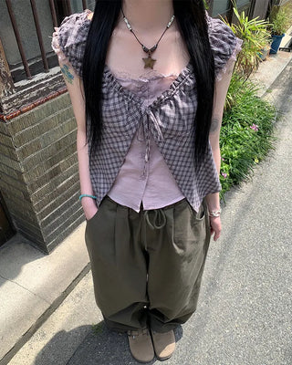 Checked layered off-shoulder blouse