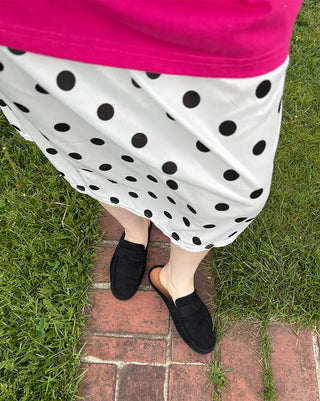 Elastic waist polka dot midi skirt