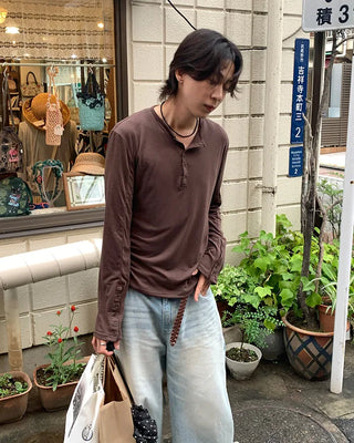 Fingerhole Henley Neck Long Sleeve T-Shirt