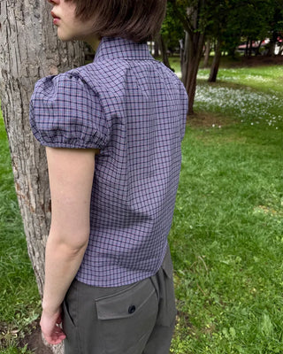 Puff-sleeve checkered blouse