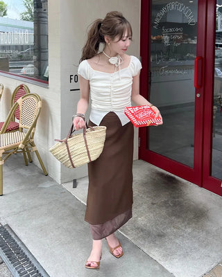 Flower Strap Heart Neck Shirring Short Sleeve T-Shirt