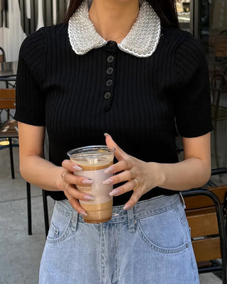 Pearl-embellished color-accented short-sleeved knit