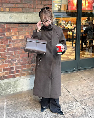 High-neck belted long coat