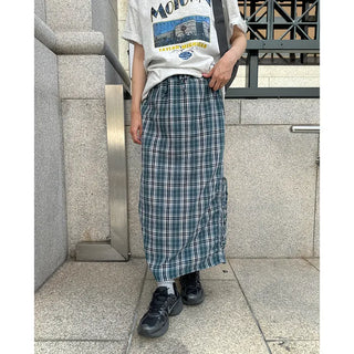 Checked ribbon strap long skirt