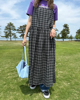 Checked long camisole dress