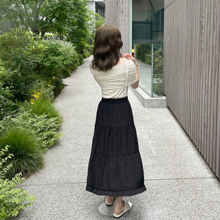 Ribbon open shoulder T-shirt