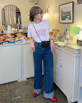 Rolled-up denim wide-leg pants