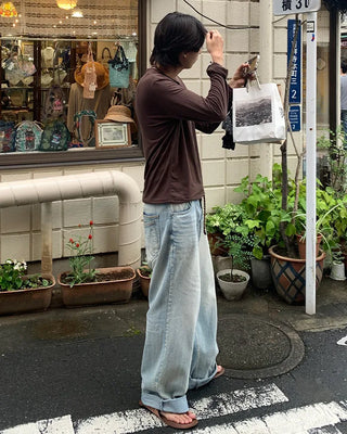Washed denim pants with double back pockets