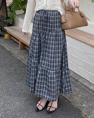 Checked banded long skirt