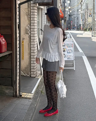 Dot Shirring High Neck Long Sleeve T-Shirt