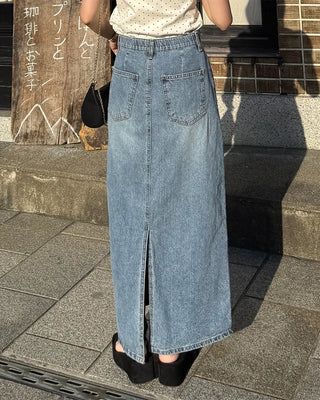 H-line elastic waist long denim skirt