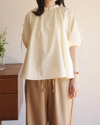 (ORIGINAL) Henley Neck Ribbon Balloon Blouse