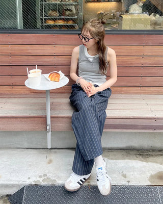 Striped wide banding pants