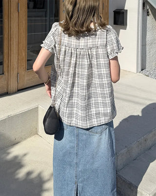 Front Ribbon Check Puff Sleeve Top