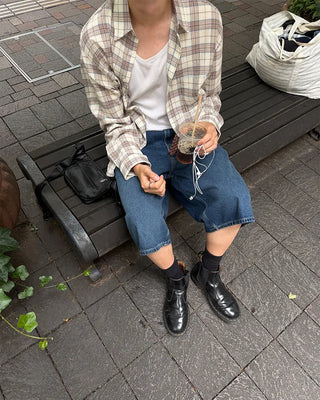 Oversized seersucker check long-sleeved shirt