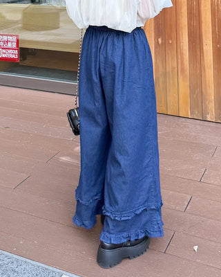 Frilled denim cotton wide-leg pants with elastic waistband