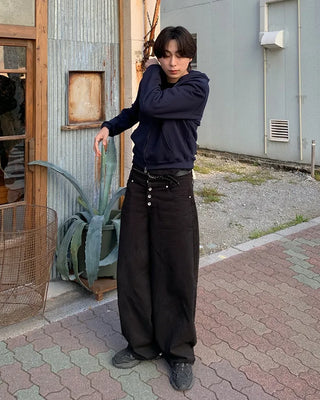 Metallic studded black wide-leg pants