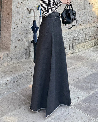 Flared long denim skirt