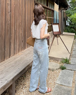 Pocket ribbon detail denim pants