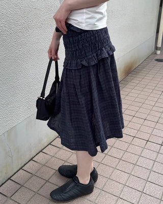 Waist-gathered check midi skirt