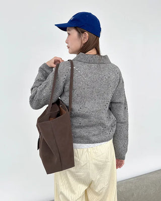 Perforated Collar Knit Zip-Up