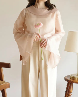 (ORIGINAL) Round Collar Button Sheer Blouse