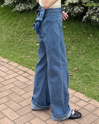 Back ribbon frill denim pants