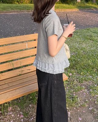 Checked ribbon frill short-sleeved T-shirt