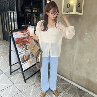 Drop-shoulder sheer shirt