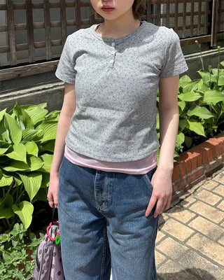 Henley Neck Flower Short Sleeve T-Shirt