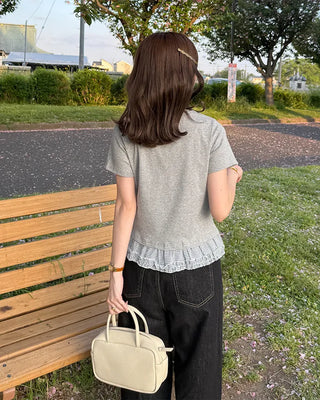 Checked ribbon frill short-sleeved T-shirt