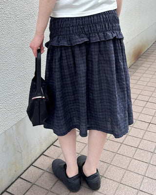 Waist-gathered check midi skirt