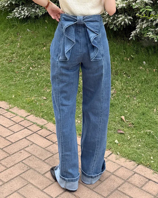 Back ribbon frill denim pants