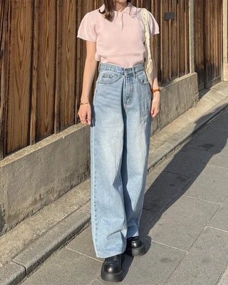Color Button Point Short-Sleeve Knit