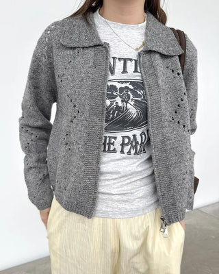 Perforated Collar Knit Zip-Up