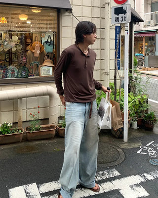 Washed denim pants with double back pockets