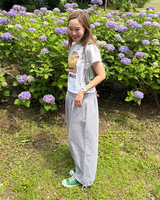 Shirred wide-waist gingham check pants
