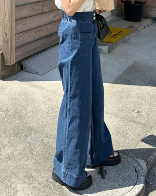 Pocket Two-Button Wide Denim Pants