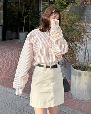 Belted Cotton Simple Mini Skirt